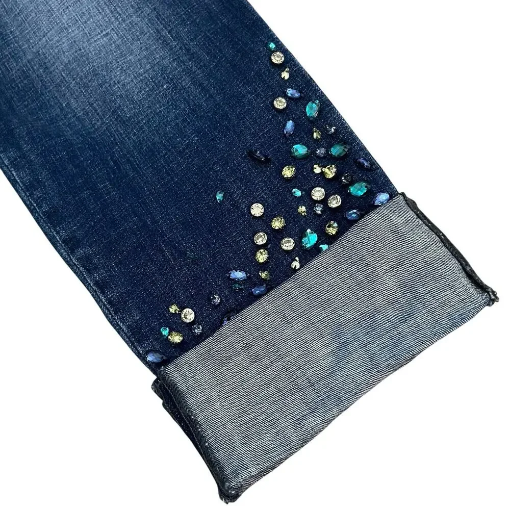 Chico's Dark Blue Cropped Jeans with Embellished Cuffs - Picture 2 of 10